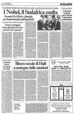 Nobel per la Pace a Mandela e De Klerk
