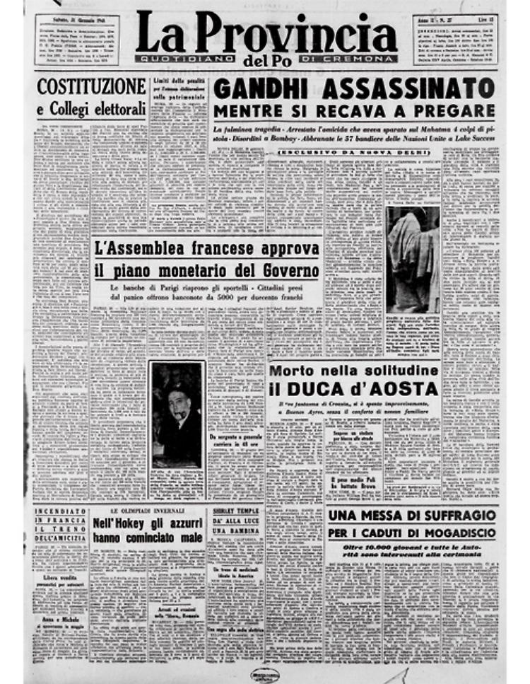Gandhi assassinato e il Duca d'Aosta morto in solitudine