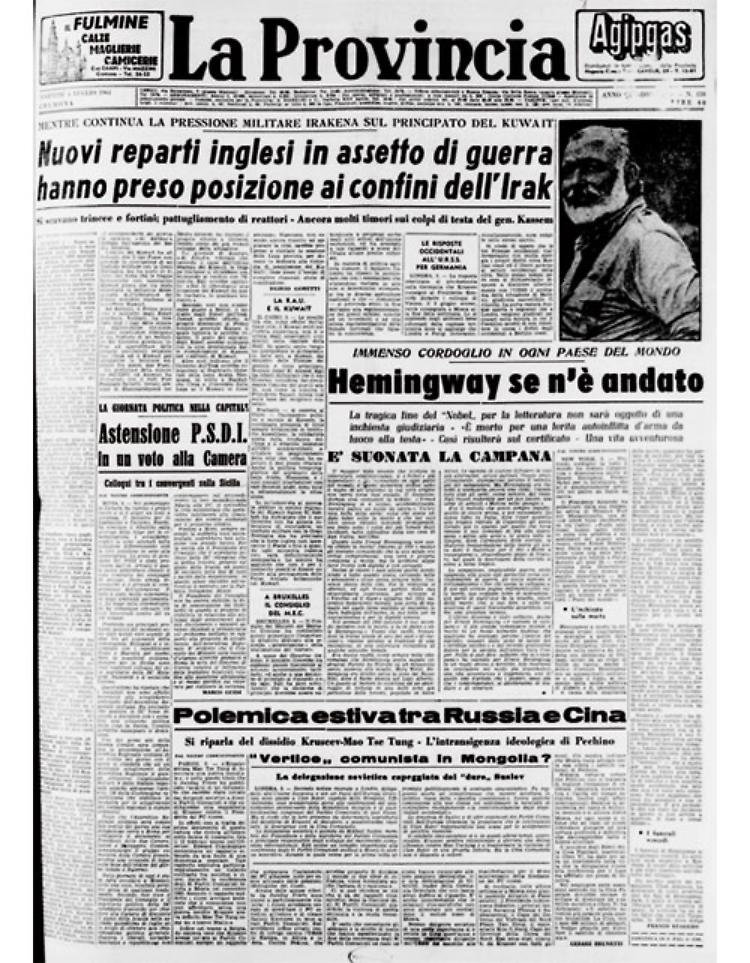 Immenso cordoglio in ogni paese del mondo per la scomparsa di Ernest Hemingway 