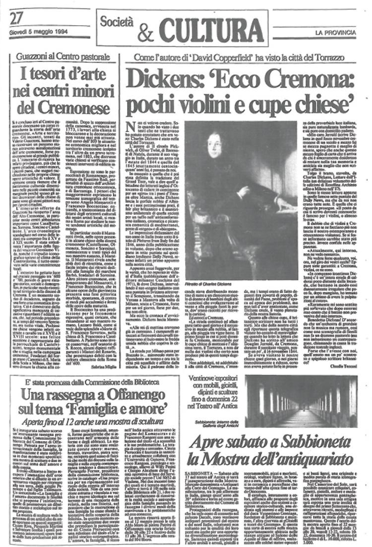 Scoperti alcuni scritti dello scrittore inglese Charles Dickens di passaggio a Cremona tra il 1844 e il 1845