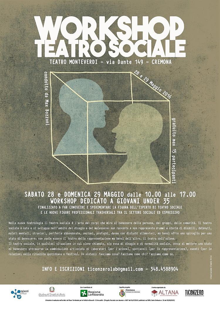 Cremona. Workshop di teatro sociale al teatro Monteverdi il 28 e 29 maggio