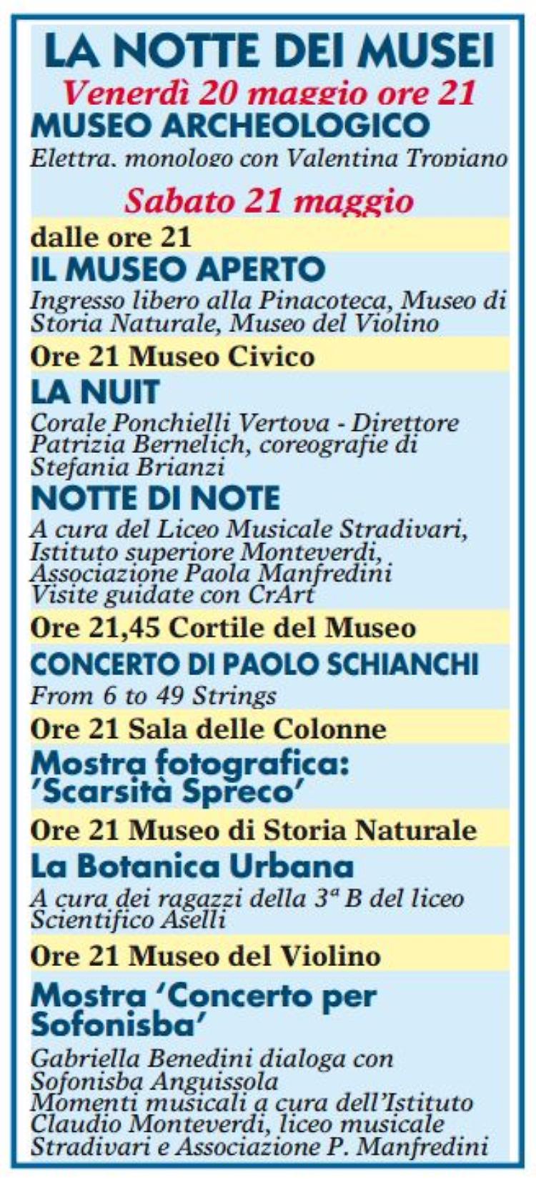 Sabato 21 maggio, la Notte dei Musei a Cremona