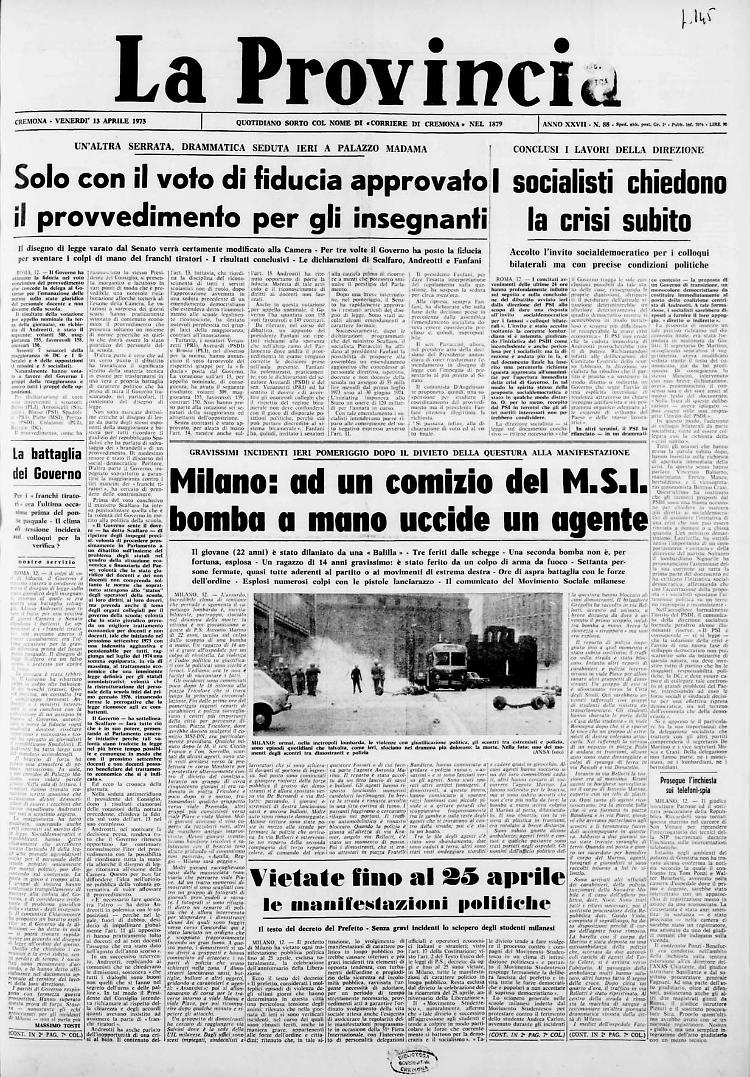 Milano: ad un comizio del M.S.I. bomba a mano uccide un agente