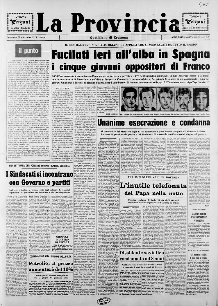 Fucilati in Spagna i cinque giovani oppositori di Franco