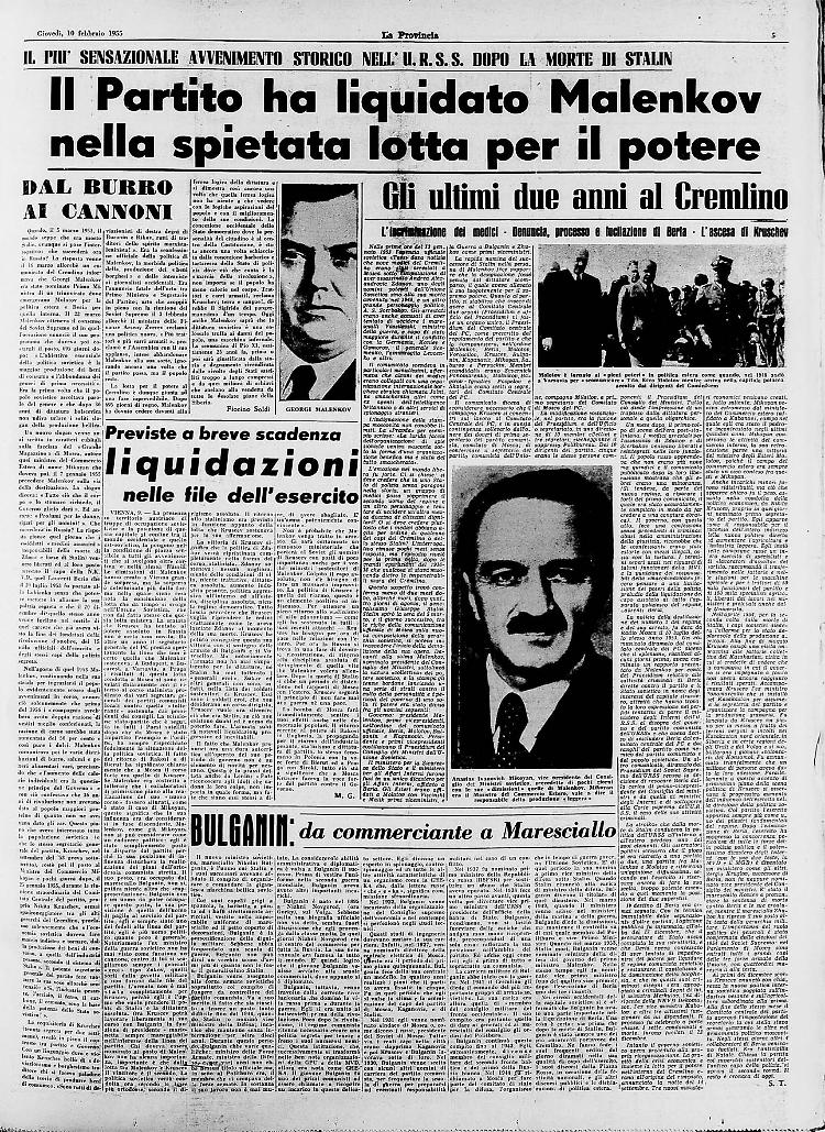 Il Partito ha liquidato Malenkov nella spietata lotta per il potere