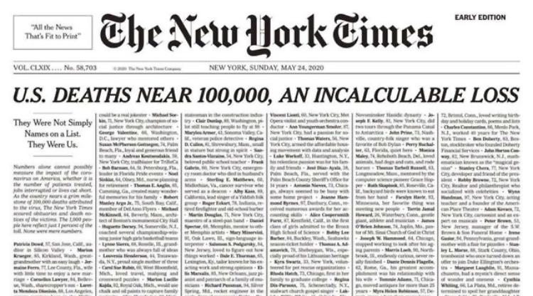 Virus Usa, sul New York Times 1.000 nomi di vittime