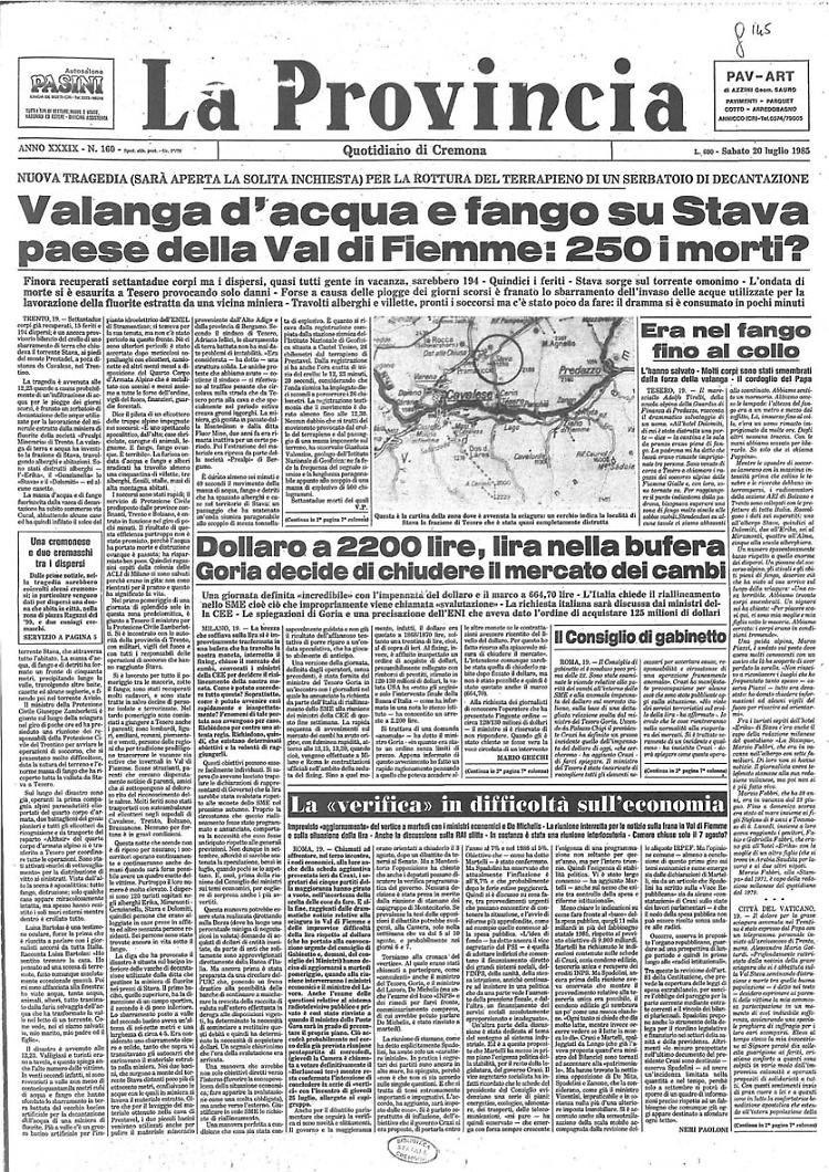 Valanga d'acqua e fango su Stava: 250 morti? Cremonesi coinvolti.