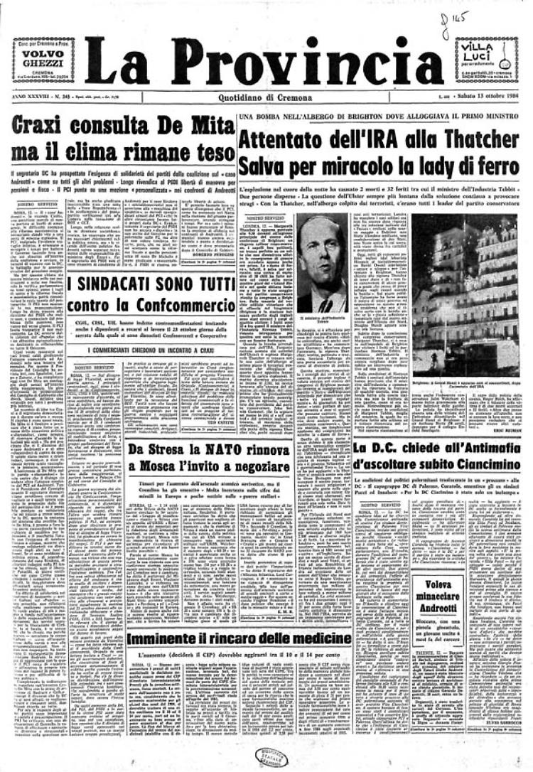 Attentato dell'IRA alla ThatcherSalva per miracolo la lady di ferro
