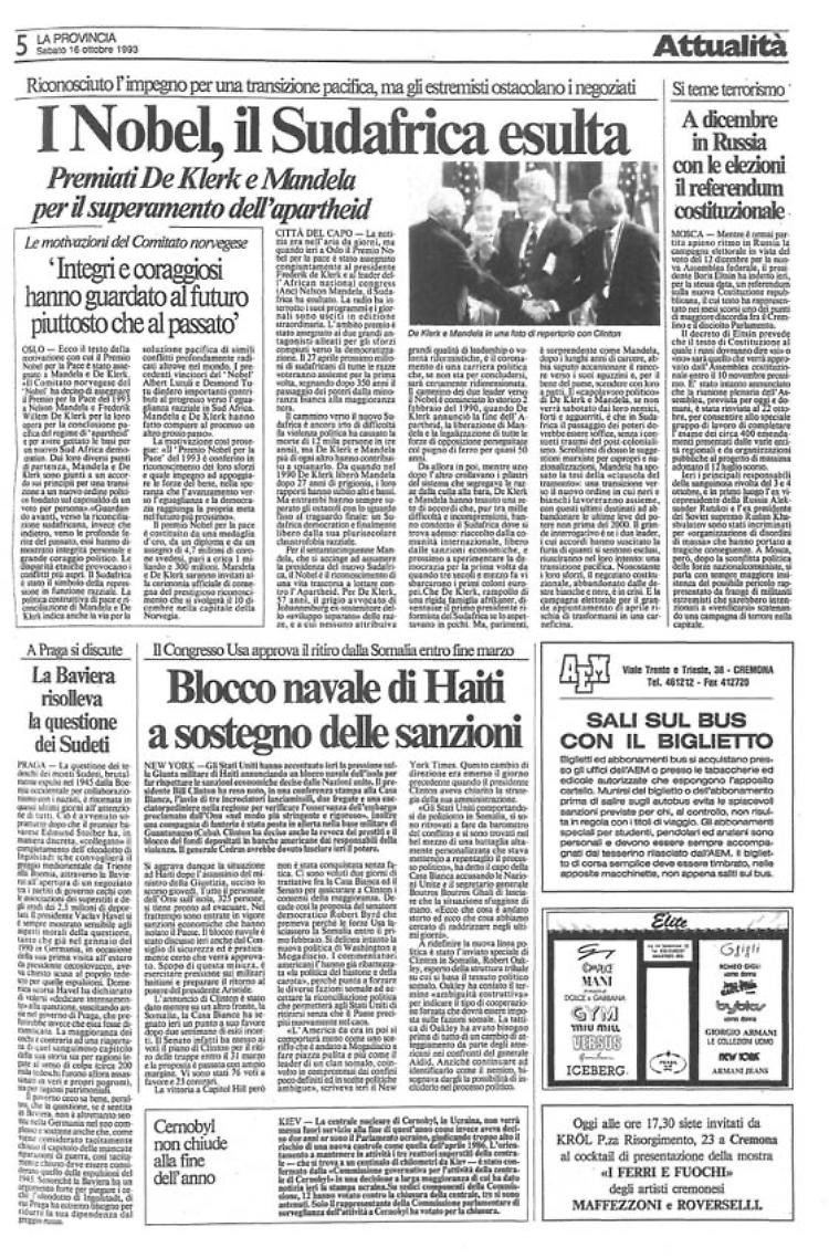 Nobel per la Pace a Mandela e De Klerk