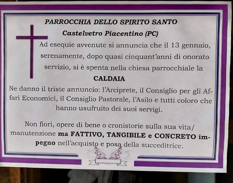Il prete annuncia: «È morta la caldaia»